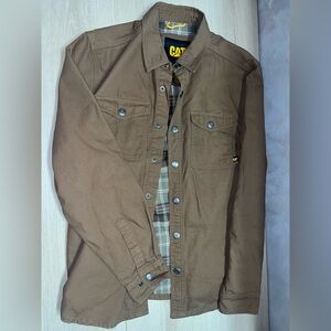 CAT Caterpillar Brown Work Jacket Flannel Lined Men’s Small Snap Button Utility